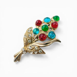 Vintage 1940s Floral Brooch Gold Tone Multicolor Glass Cabochon Rhinestone Pin